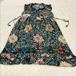 Johnny Was Kashim Felicity Floral Print Silk Tie Keyhole Crew Neck MIDI Dress